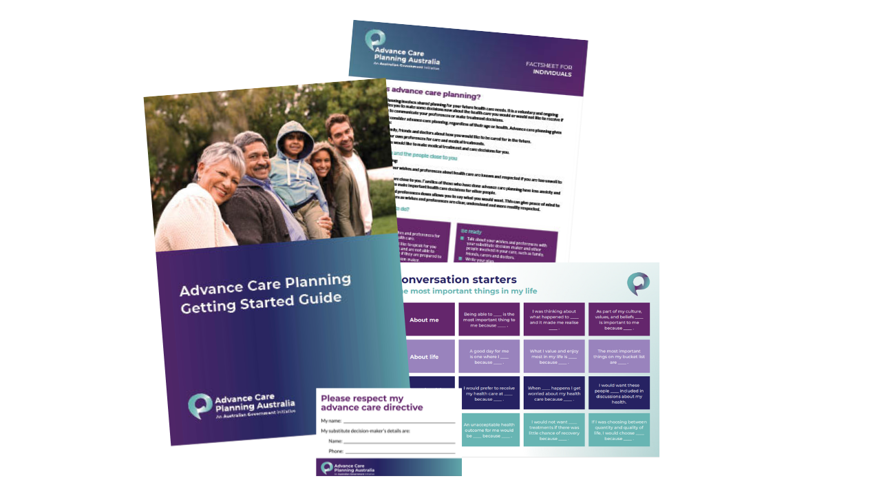 An array of Advance Care Planning Australia materials, featuring a guidebook with a diverse group photo, a factsheet, conversation starter prompts, and a directive card. 