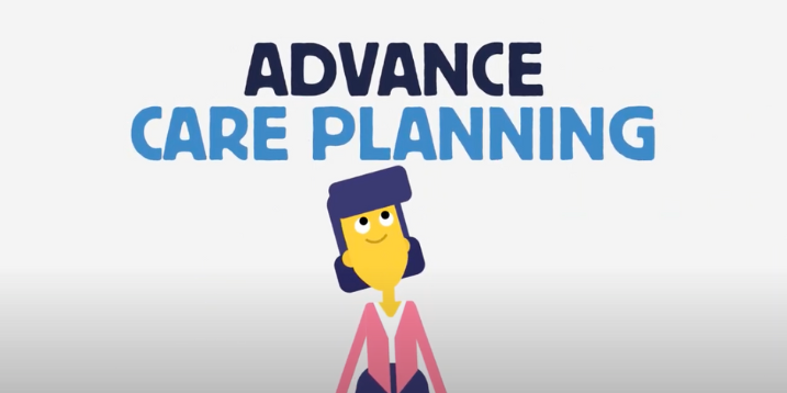 Still from animation with 'Advance care planning' title and animated figure